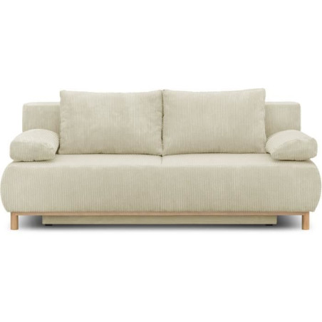 Canapé convertible - 3 places - MIKA - Velours côtelé beige - Coffre de rangement - L 192 x H 84 x P 93 cm