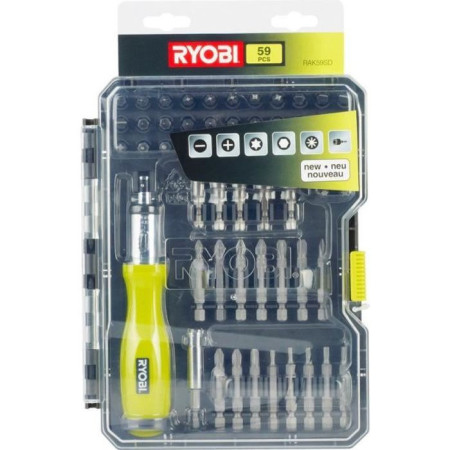 RYOBI - Coffret 59 accessoires vissage - boulonnage PH / PZ / SL / HEX / TX avec tour