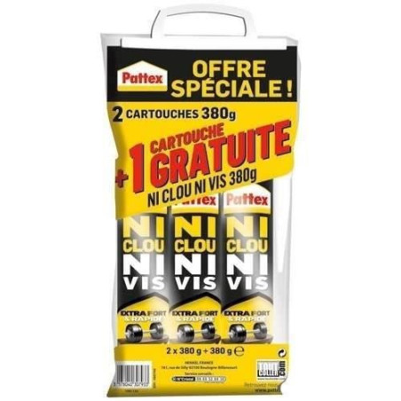 Colle de fixation - PATTEX - Ni Clou Ni Vis - Extra Fort - Cartouche de 380g - Lot de 2 + 1 gratuit