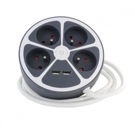Chacon Multiprise bureau 16A.250V-Max 3680W 4x16A+2USBA cable 1,5m- Couleur gris -Interrupteur