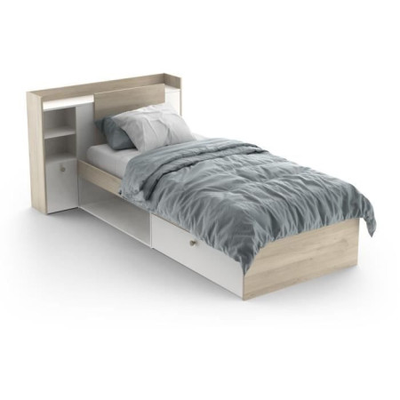 Lit enfant LIFE 1 personne - 90X190/200 - Rangements - Décor Chene et blanc - DEMEYER