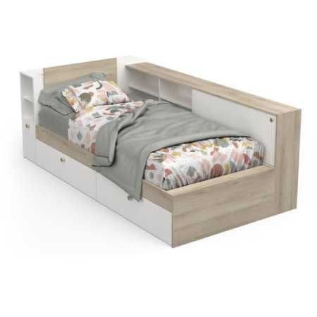 Lit enfant LIFE 1 personne - 90x190/200 - Rangements - Décor Chene et blanc - DEMEYER