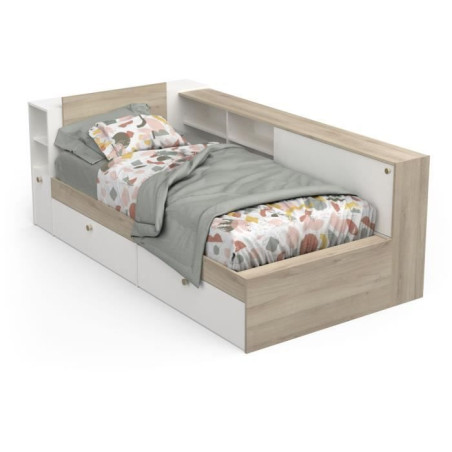 Lit enfant LIFE 1 personne - 90x190/200 - Rangements - Décor Chene et blanc - DEMEYERE - Fabriqué en France