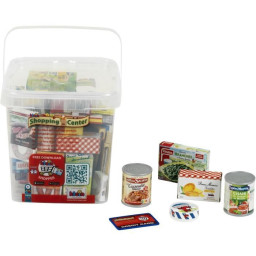 Grande boîte de rangement garnie de boîtes d'aliments factices avec des marques connu