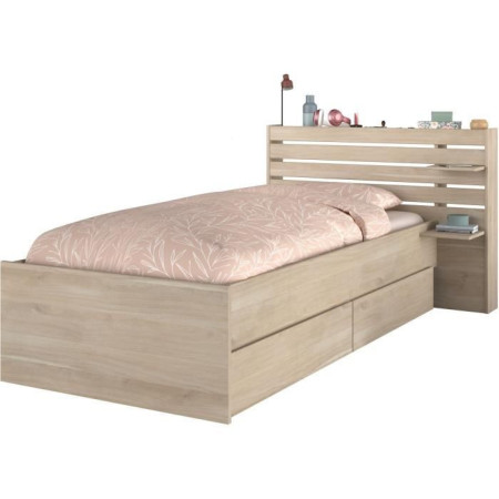 Lit enfant ESCALE 90x190/200 cm - Décor chene - Tete de lit + 2 tiroirs - L121