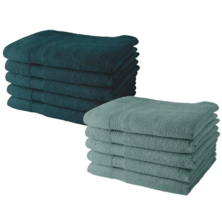 Lot de 10 Serviettes de Toilette - TODAY - 50 x 90 cm - 100% Coton - 5 Paon, 5 Celadon