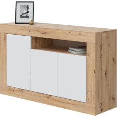 Buffet - BALTIK - Mélaminé 3 portes + 1 niche de rangement - Chene nodi et blanc artik - Aspect bois