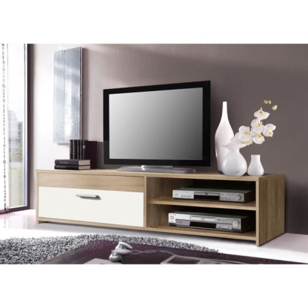 Meuble TV PILVI - Style contemporain - Particules mélaminé - Décor Chene et blanc - 1