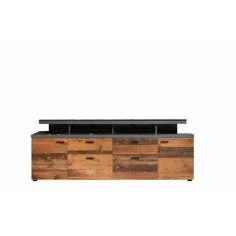 Meuble TV MOOD 2 portes et 2 tiroirs - Mélaminé bois vieilli et gris mat - L 180 x 47 x 66 cm Meuble TV MOOD 2 portes et 2 tiroirs - Mélaminé bois vieilli et gris mat - L 180 x 47 x 66 cm