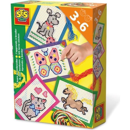 SES CREATIVE - J'apprends a broder - Cartes préimprimées et perforées - Toile a gros trous - Pour enfant de plus de 3 ans