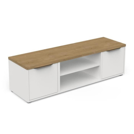 Banc TV ACCESS - 2 Portes + 1 Niche - Décor chene Hamilton et blanc - L 134
