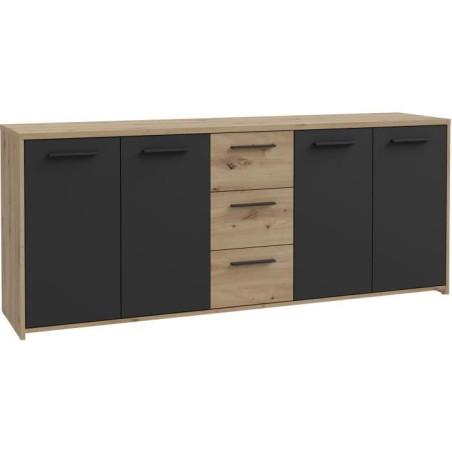 Buffet PILVI - Style contemporain - Particules mélaminé -Décor Chene artisan et Noir- 4 portes + 3 tiroirs - L179,2 x P42 x H