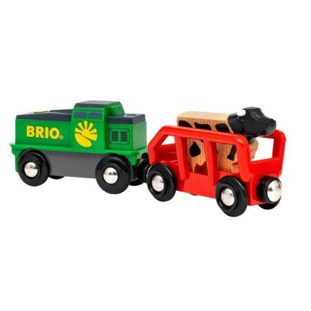 Train de la Ferme a Pile - BRIO - Circuit en bois - Wagon et chargement aimanté inclus