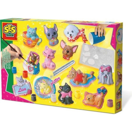 SES CREATIVE - Moulage en plâtre chiens et chats - Jaune, vert et rose - Enfant - Plus de 5 ans
