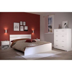 Chambre complete BOSTON : Lit adulte 140x190 + Commode + 2 Chevets - Décor blanc - Fa