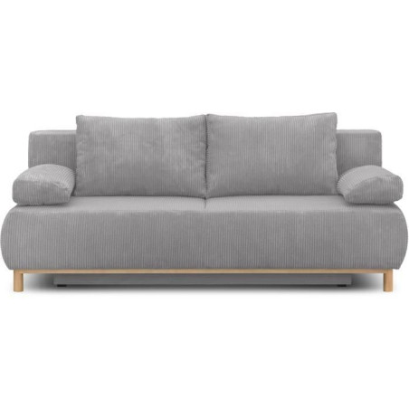 Canapé convertible - 3 places - MIKA - Velours côtelé gris clair - Coffre de rangement - L 192 x H 84 x P 93 cm