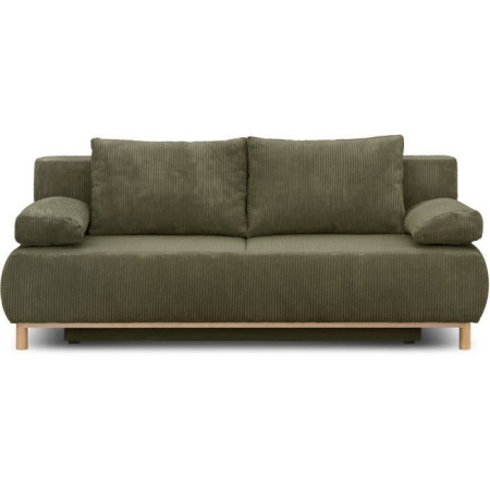 Banquette convertible 3 places MIKA - Velours côtelé vert kaki - Coffre de rangement