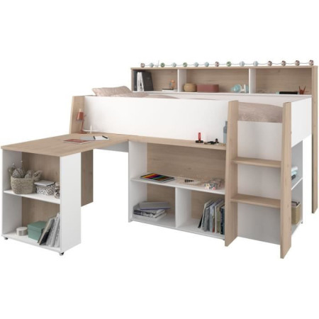 PARISOT Lit combiné enfant avec bureau rétractable - Décor blanc et chene - 90x 200 c