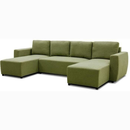 Canapé d'angle convertible panoramique PHARELL 5/6 places - Tissu olive - Coffre de r