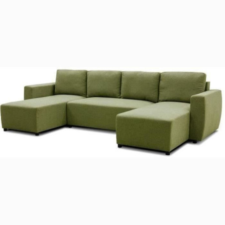 Canapé d'angle convertible panoramique PHARELL 5/6 places - Tissu olive - Coffre de rangement - L297 x P155 x H71/85 cm