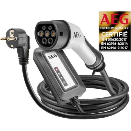 Chargeur portable véhicule électrique & hybride - AEG - Type 2 - Monophasé, 16A, 230V AC - Prise secteur 230V européen - L : 5m.
