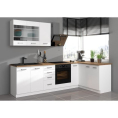 ATLAS Cuisine complete d'angle 8 éléments (reversible droit / gauche) - Décor blanc - ATLAS Cuisine complete d'angle 8 éléments (reversible droit / gauche) - Décor blanc -