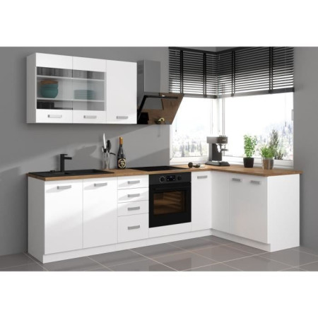 ATLAS Cuisine complete d'angle 8 éléments (reversible droit / gauche) - Décor blanc -