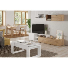 Ensemble meuble TV réversible JULIA - Mélaminé blanc et chene - 2 Portes abattantes -