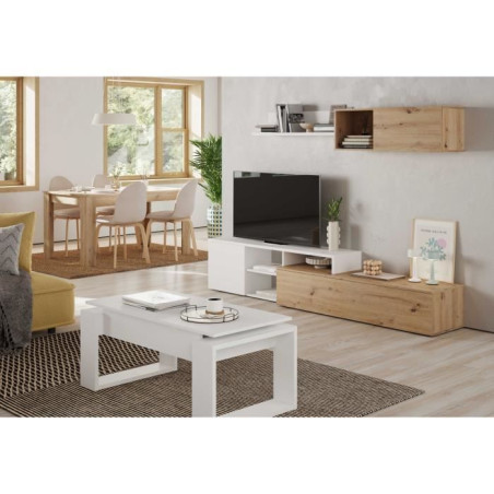 Ensemble meuble TV réversible JULIA - Mélaminé blanc et chene - 2 Portes battantes - L220 x P40 x H 44 cm