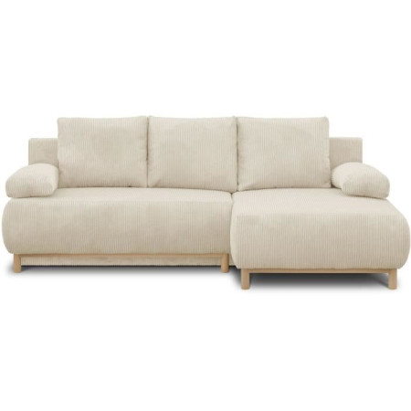 Canapé d'angle droit convertible MIKA 3 places - Velours côtelé beige - Coffre de ran