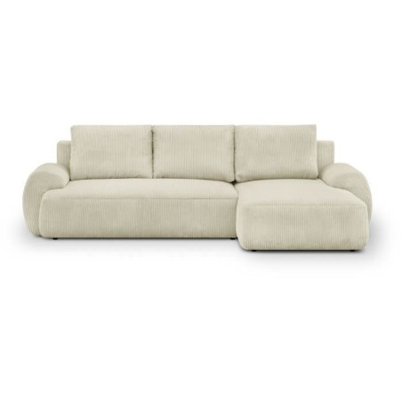 Canapé d'angle droit convertible 4/5 places MILO - Velours côtelés beige - Coffre de rangement - L 264 x H 84 x P 99/145 cm