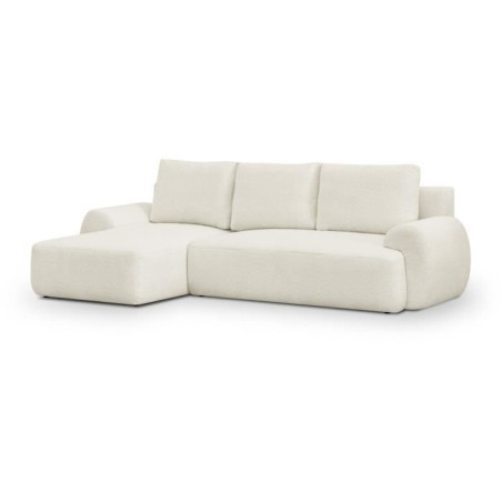 Canapé d'angle gauche convertible 3 places MILO - Tissu bouclette beige clair - Coffre de rangement - L 264 x H 84 x P 99/145 cm