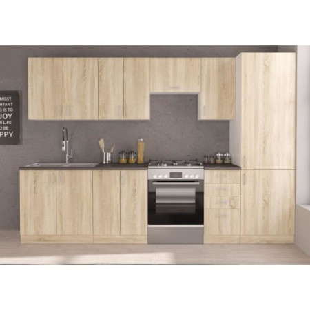SARA Cuisine complete modulable - 8 éléments - Décor chene sonoma - L 300 cm - Plan d