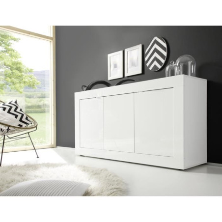 Buffet BASICO - Décor blanc laqué brillant - 3 Portes - L160 x P42 x H85,8 cm