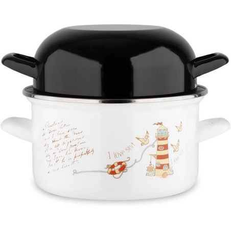 Marmite a moules - BAUMALU - Standard - 20 cm - Décor phares - Couvercle noir, corps blanc