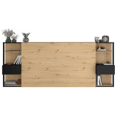 PARISOT Tete de Lit avec étageres + chevets intégrés - Décor chene et noir - L 255 x