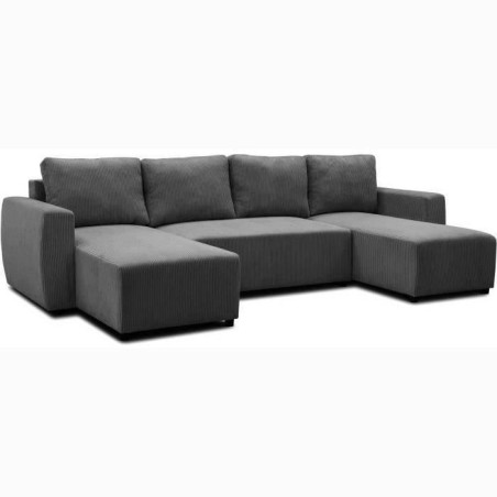 Canapé d'angle convertible panoramique PHARELL 5/6 places - Tissu velours côtelé anthracite - Coffre de rangement - L297xP155