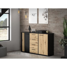  4 tiroirs - Décor chene artisan et noir - L142