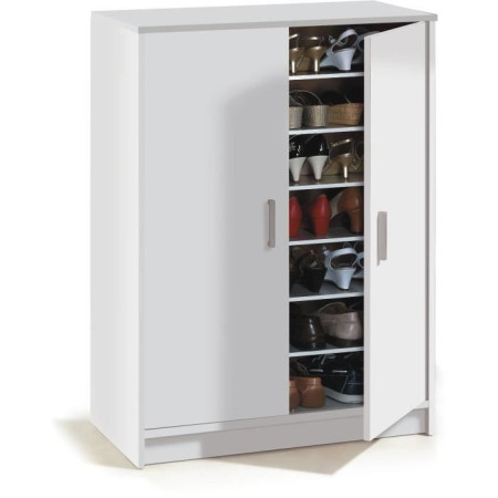 Meuble a chaussures armoire BASIC - 2 portes + 6 étageres - Mélaminé blanc - 30 paire