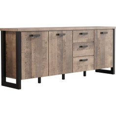Buffet EMILE - Mélamine chene brun tabac et noir mat - 3 Portes + 3 Tiroirs - L214 x