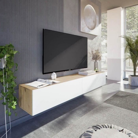 Meuble TV suspendu - L 180X P 28X H 35 cm KAWAY - Décor blanc et chene - 2 Portes abattantes