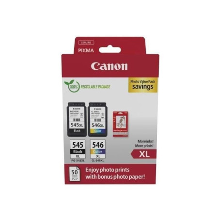 Pack de 2 cartouches d'encre + pack papiers photo - CANON - PG-545XL Noir + CL-546XL