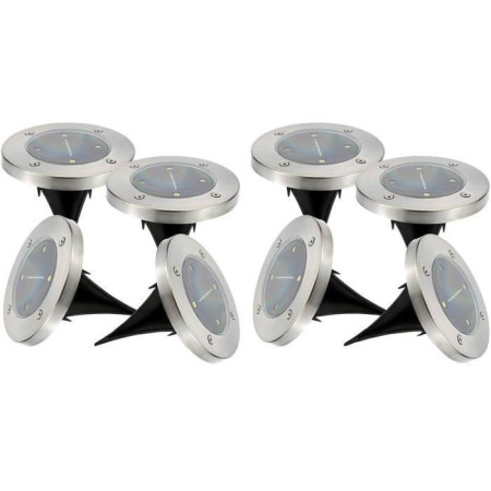 Lot de 8 spots solaires ronds inox encastrable ou a piquer - LUMISKY - DECKY - LED bl