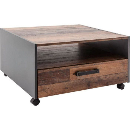 Table basse carré - Panneaux de particules - Décor bois vieilli et gris - Double plateau -1 Tiroir - L70 x P70 x H40 cm