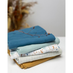 Lot 3 Langes Gaze Coton 60x60 Cm – 1 Imprimé + 2 Uni Bleu Indigo – Multi-usages Oeko-Tex