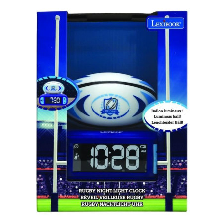 LEXIBOOK - Réveil veilleuse Rugby - Sons et mélodies, écran LCD rétro-éclairé et lumineux - Bleu