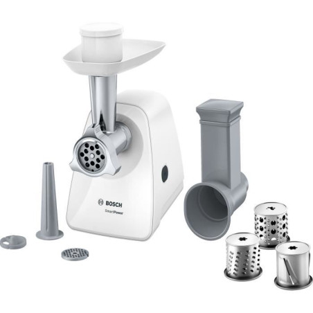 Hachoir a viande - BOSCH - MFW2514W SmartPower - Blanc - moteur bloqué 1500 W - 1,7 kg/mn - 2 grilles de hachoir - râpeur/émi