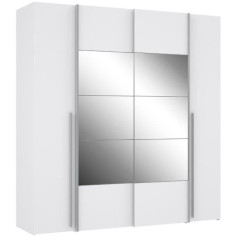 Armoire NARAGO - Décor Blanc mat - 2 portes coulissantes + miroir + 2 portes battante Armoire NARAGO - Décor Blanc mat - 2 portes coulissantes + miroir + 2 portes battante