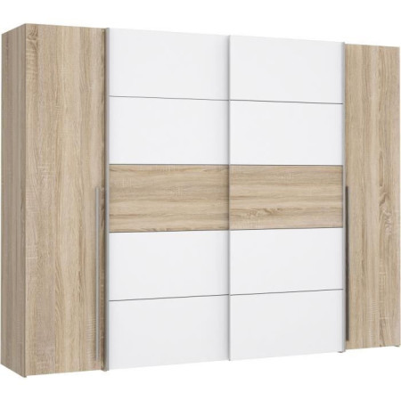 Armoire NARAGO - Décor Chene Sonoma et blanc mat - 2 portes coulissantes + 2 portes b