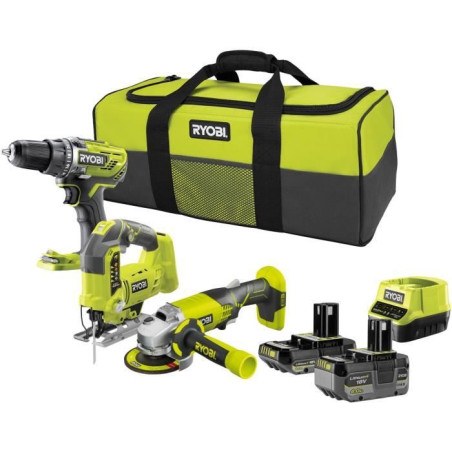 Ryobi Combo 3 outils 18V perceuse-visseuse 50Nm, meuleuse 115mm, scie sauteuse 18V RCK183A-242SL